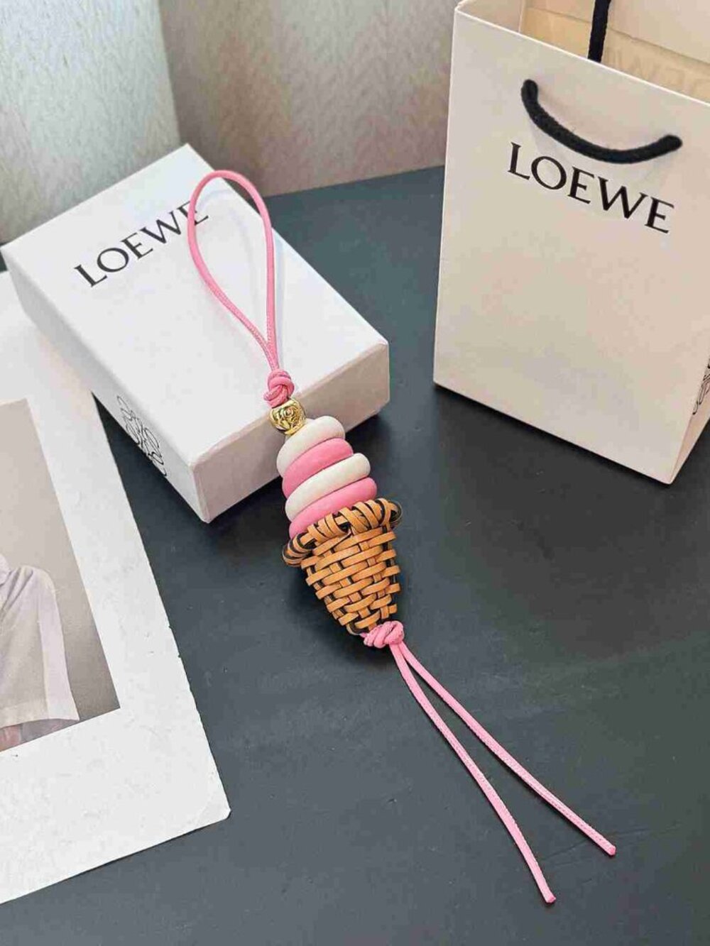 LOEWE Pink & White Leather Soft Serve Charm with Anagram Ball